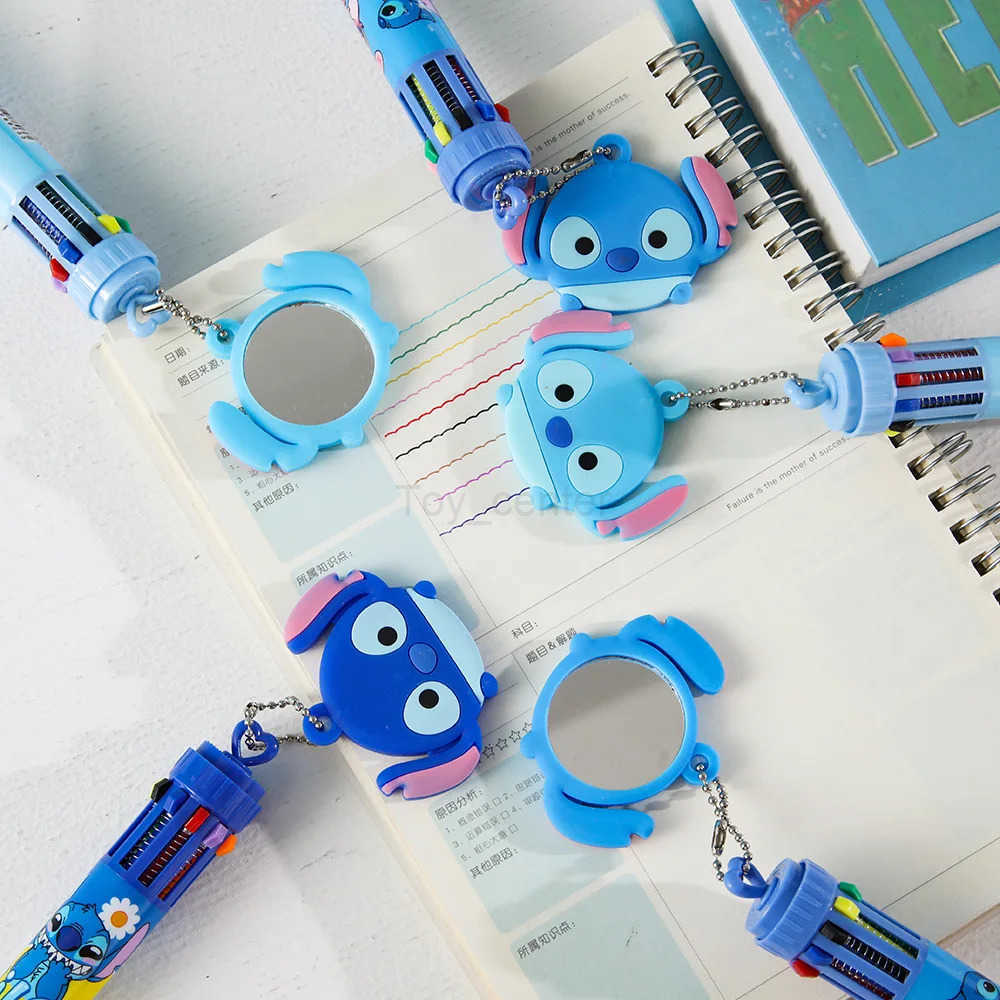 Disney 6/36pcs Stitch 10 Color Press Ballpoint Pen With Mirror Pendant Cute Multi Color Student Writing Pen Stationery Gift H251220