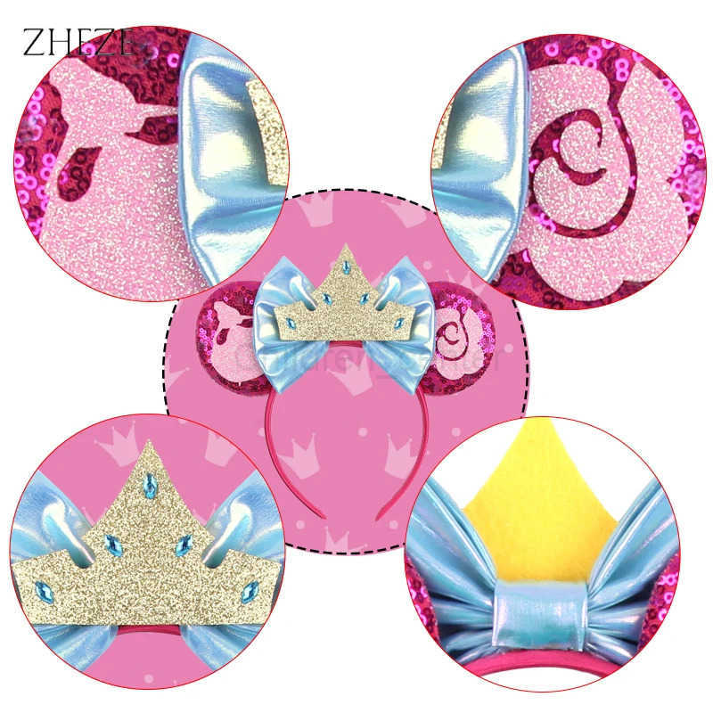 Disney Princess Aurora Mouse Ears Headband For Girls Sequin 5Bow Hairband Princess Children Festival Boutique Hair Accessories H251220