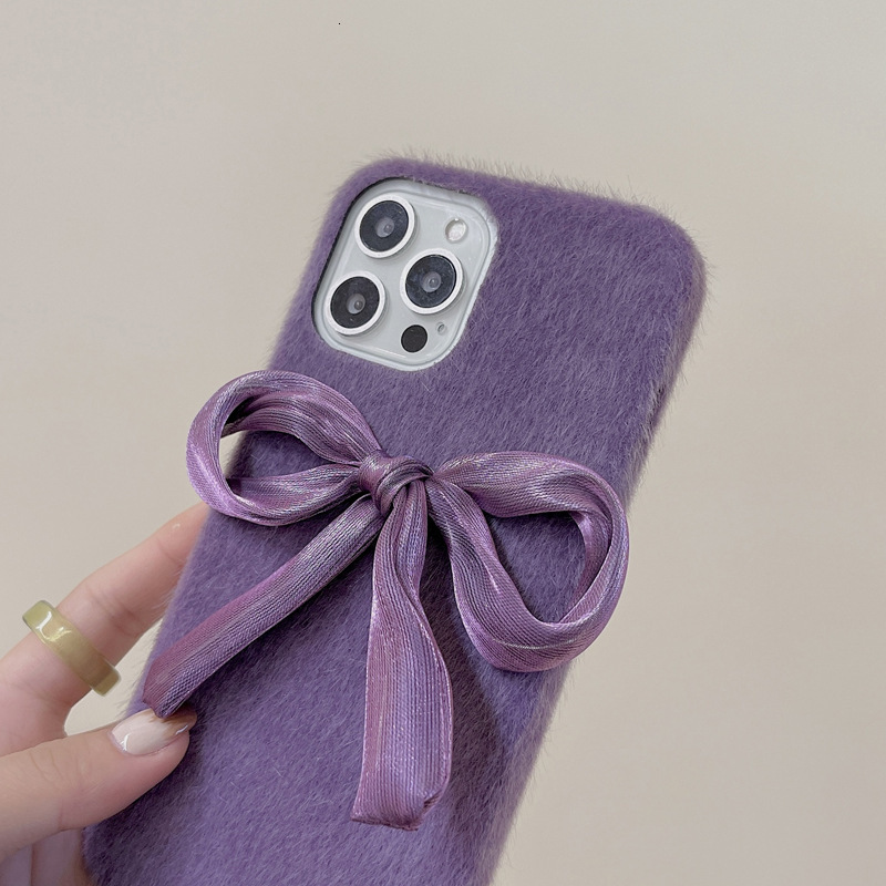 Korean Style Silk Bowknot Suitable iPhone 17 Apple 16 Pro Max Phone Case Mink Fur Plush 15/14 for Women