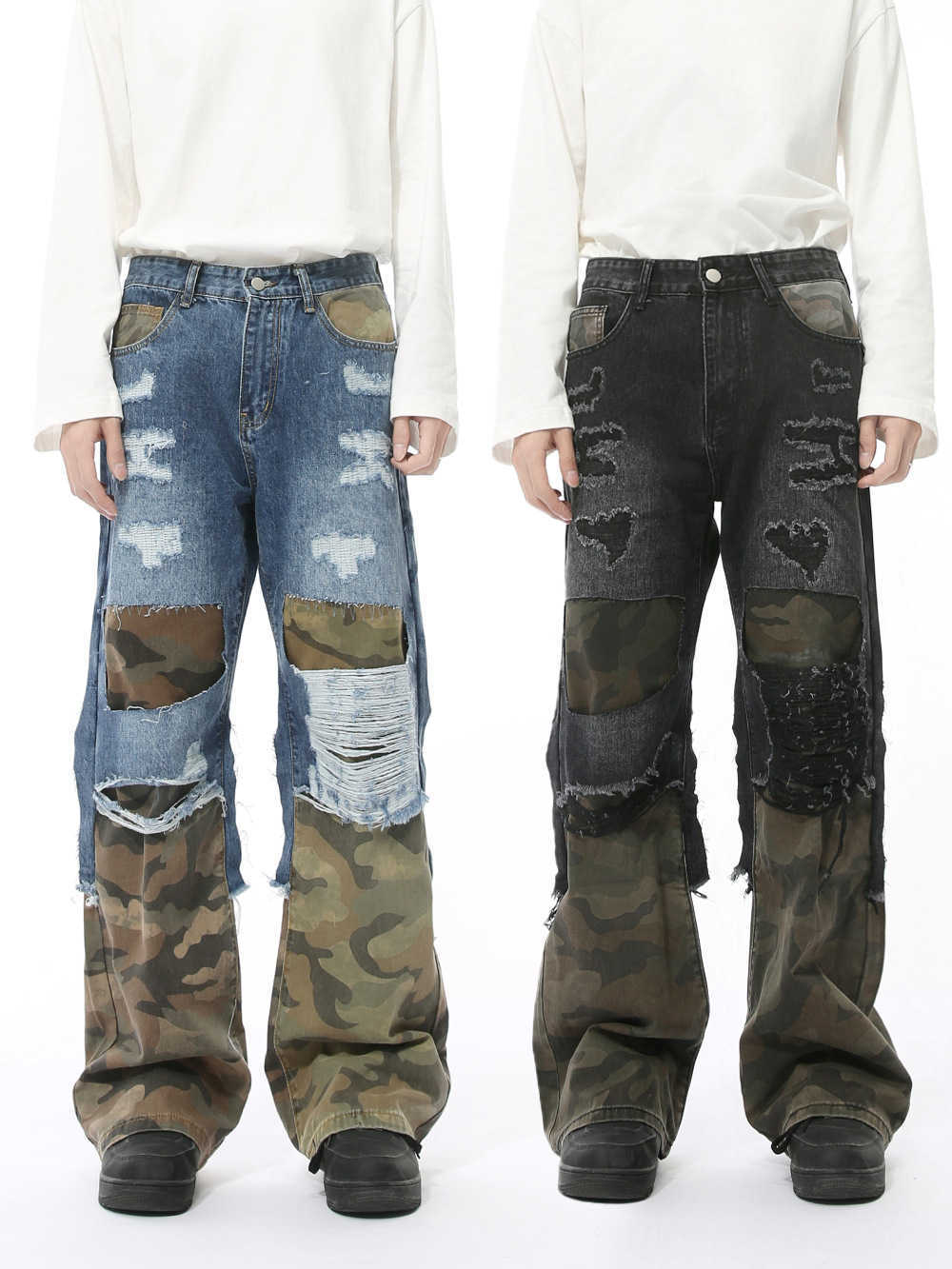 Men's winter new product - niche camouflage patched and zipped fashion contrast-colored jeans S251220