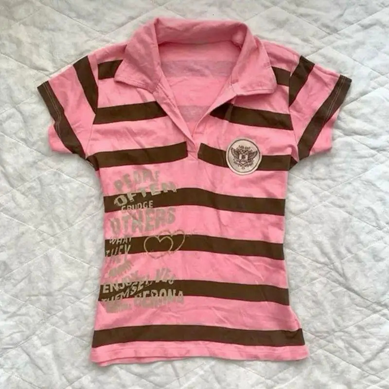 Y2k Harajuku Punk Retro Constrast Color Striped Print Summer T Shirts Casual Sweet Cool Style Short-sleeve Top American Tees 251219
