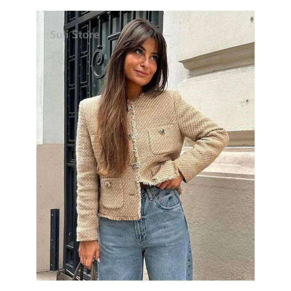 Fashion 2026 Tweed Basic Jacket Coat Women Clothing Woolen Long Sleeve Front Button Female Outerwear Chic Tops Designer