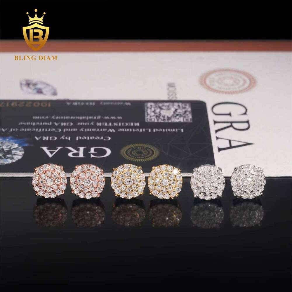 Blingdiam Jewelry Wholesale 925 Sterling Silver Gold Plated Vvs Moissanite Diamond Fashion Unisex Stud Earrings Cluster