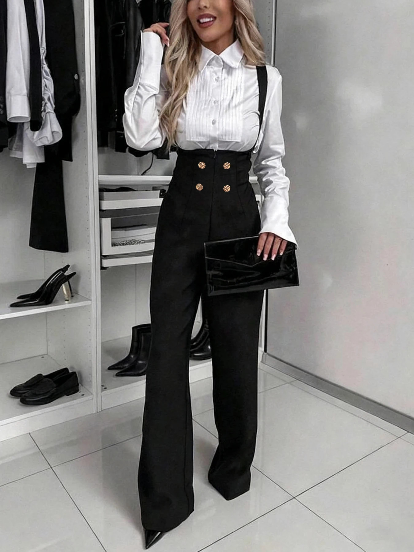 Autumn Winter Women Suspender Trousers Wide Leg Jumpsuit Gold Double Breasted Retro Slim Fit Daily Leisure Fashion 251219