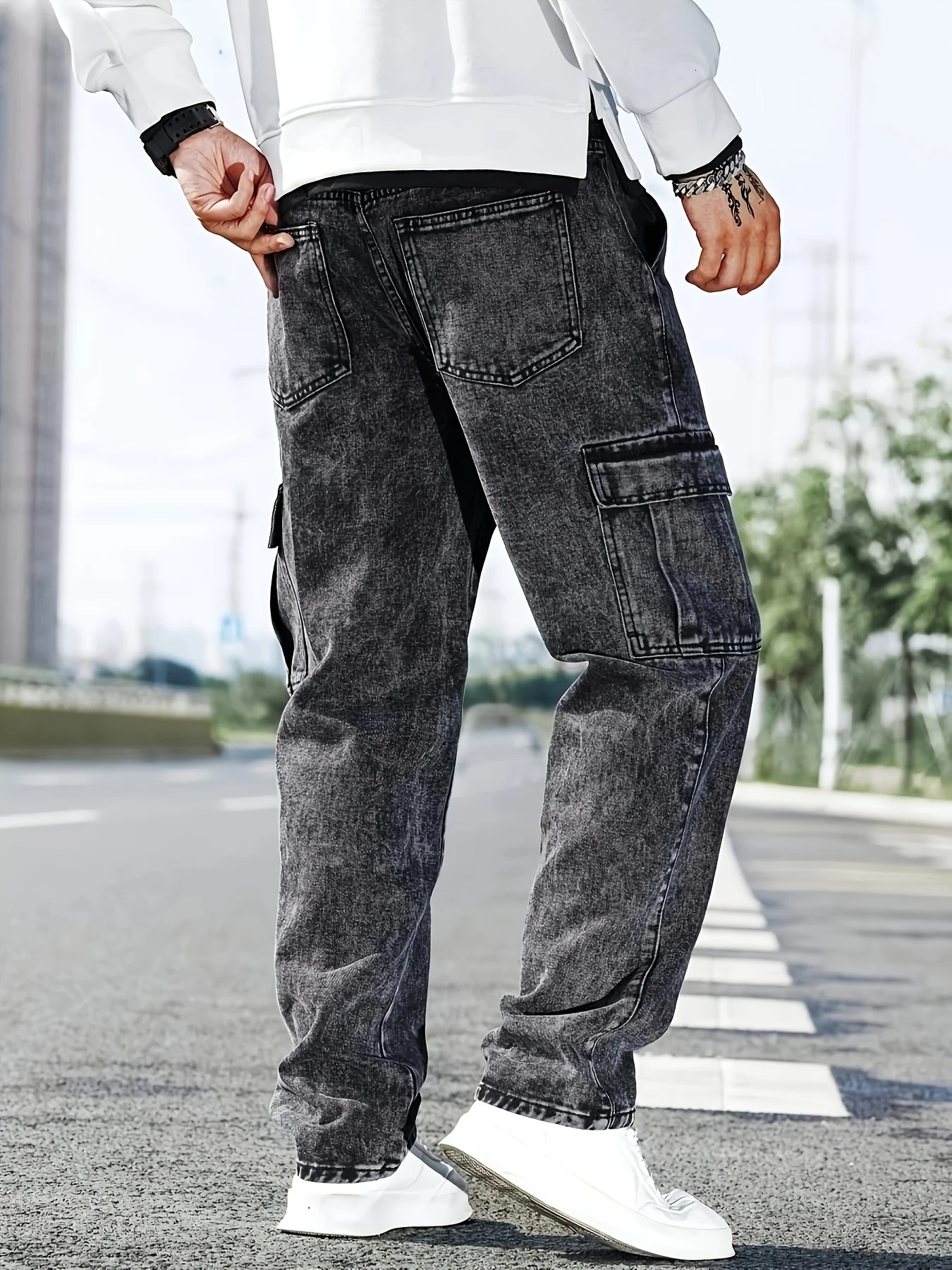 Fashionable mens denim trousers washed workwear y251205