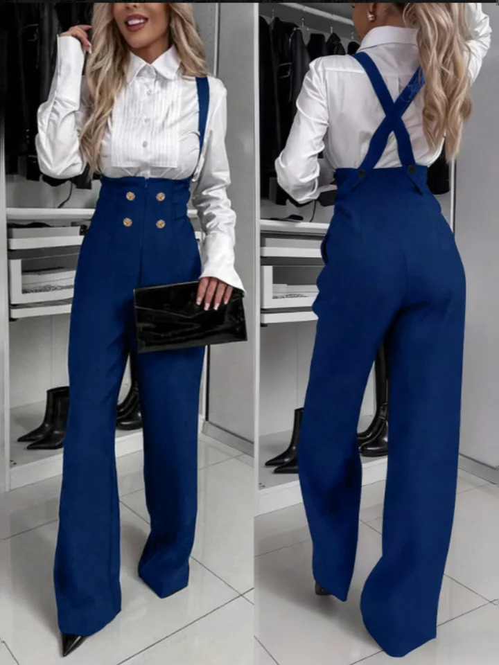 Autumn Winter Women Suspender Trousers Wide Leg Jumpsuit Gold Double Breasted Retro Slim Fit Daily Leisure Fashion 251219