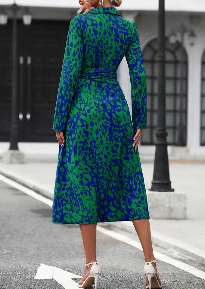 Elegant Random Print Button Down Shirt Dress Womens Long Sleeve Belted Waist Midi Spring Fall Office Casual 251219