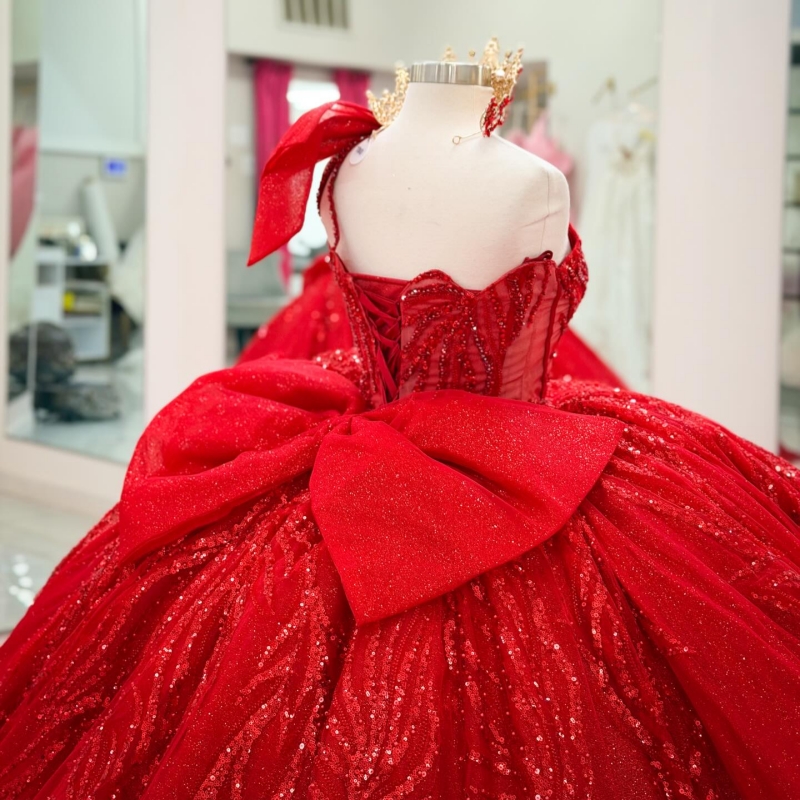Red Shiny Quinceanera Dresses Off The Shoulder Beading Crystal Bow Tull Party Birthday Sweet 16 Dress Vestidos 15 De Anos