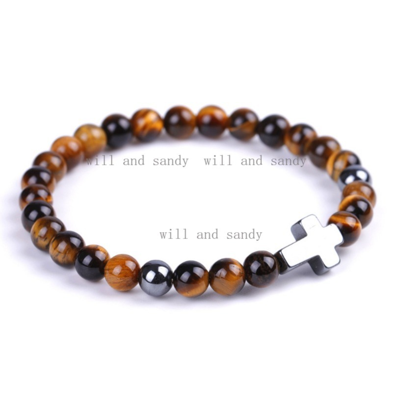 6mm Beads Cross Bracelet for Women Men Natural Stone Elastic Stretch Prayer Bracelets Irregular Healing Crystal Stone Beads Bracelet 7 Chakra Adjustable Bracelets