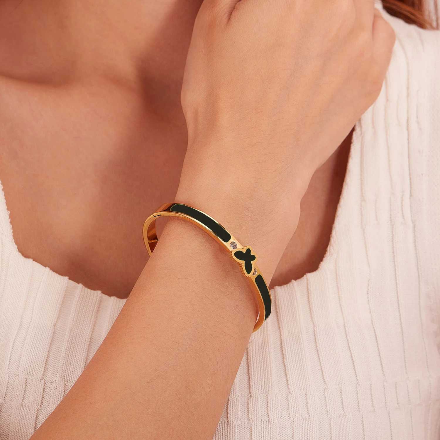 ALTERA Luxury Colorful Enamel Butterfly Charm Bangle Stainless Steel Gold Plated for Women Fashion Simple Jewelry Gift M251220