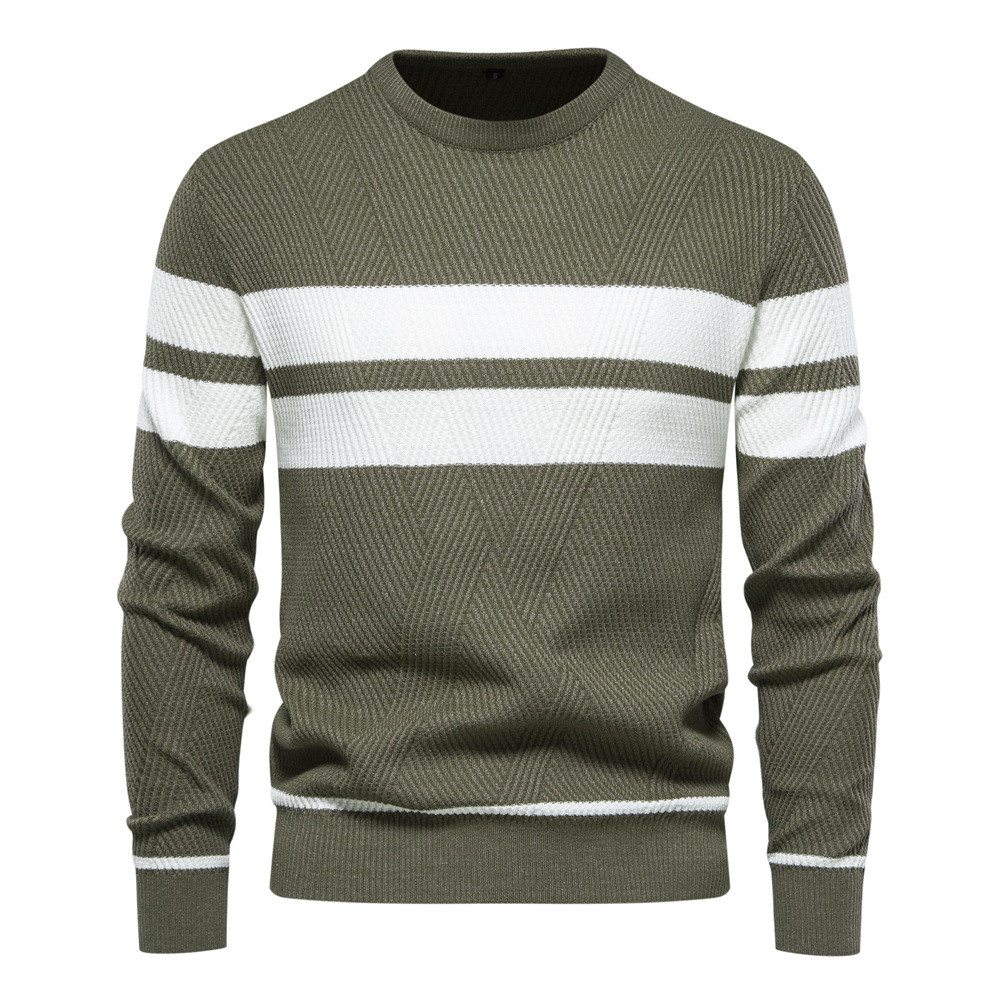 WOZK autumn and winter men's casual striped men's sweater pullover color blocked round neck men's European size knitted sweater top des