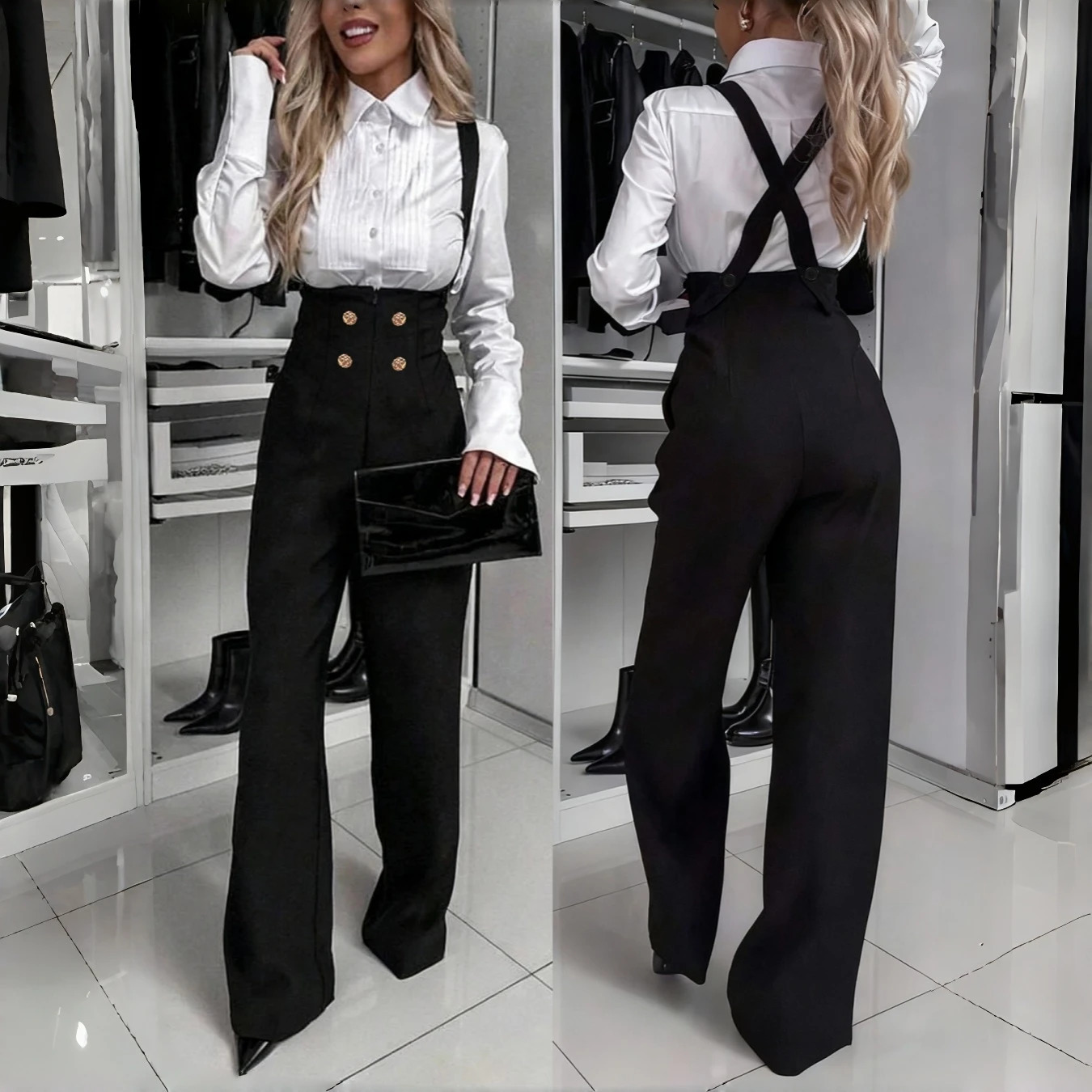 Autumn Winter Women Suspender Trousers Wide Leg Jumpsuit Gold Double Breasted Retro Slim Fit Daily Leisure Fashion 251219