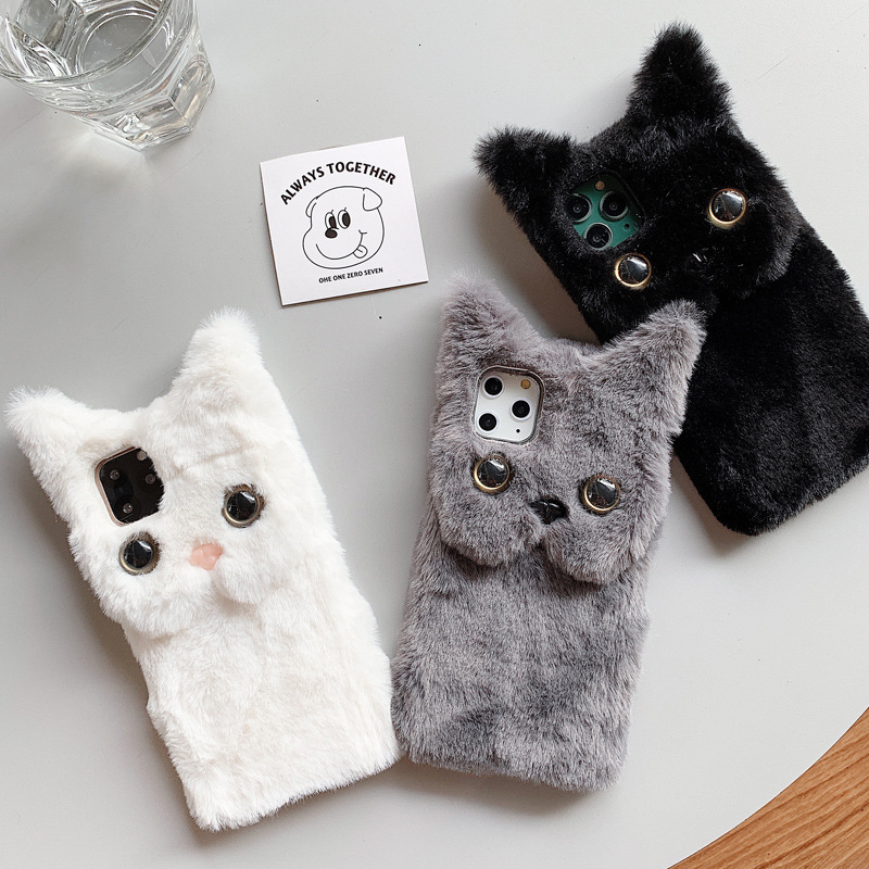 3D Plush Cat 16 Pro Max Apple 17 Phone Case Compatible with iPhone 15 Cute Cartoon 13 Winter Soft