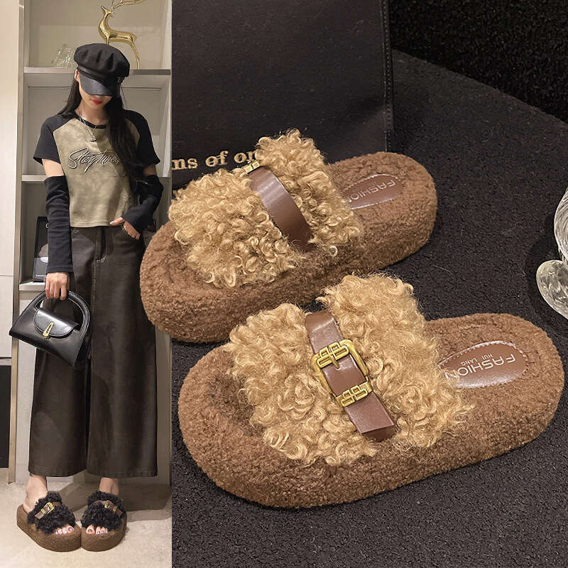 Belt Buckle Thick Sole Lamb Wool for Women, Outdoor Wear, 2025 New Style, High-End Feel, Warm, One-Word Home Cotton Slippers