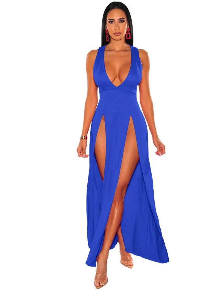 Sexy Deep V Neck High Split Bodycon Cocktail Party Maxi Dress Women Formal Evening Solid Red Summer Long Club 251219 - view 4