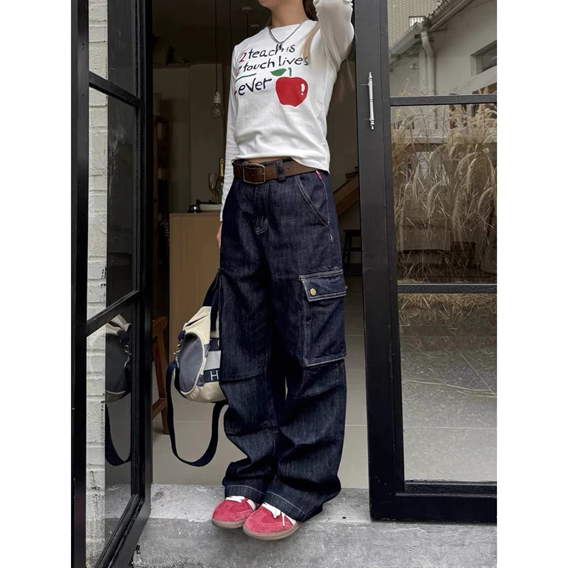 YIBASHU Women Blue Baggy Y2k Harajuku Cargo Jeans Vintage Jean Pants Japanese 2000s Streetwear Oversize Denim Trousers Winter Z260314