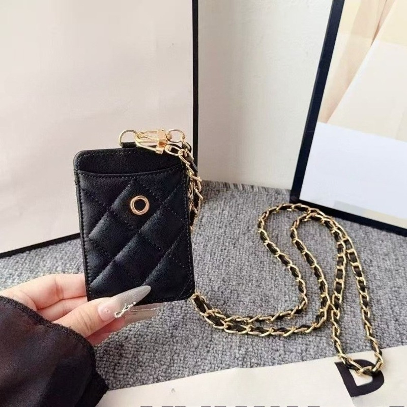 Designer Keychain ID Card Holder Lanyard for Card Package Lambskin with Chain Luxury Keychain Small Purses Keyrings Accessories