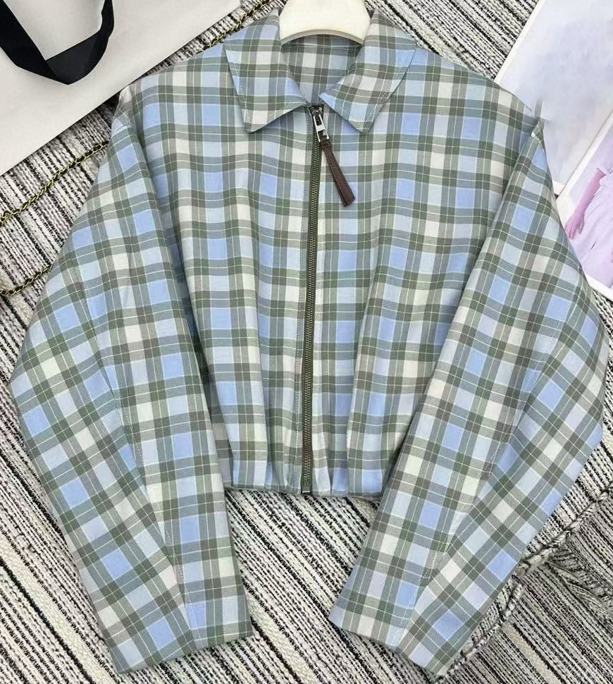 (Order by pic in opt, not by desc) Blue Green Plaid Zip-Up Jacket & Pleated Skirt Set - Women's Casual Preppy Two Piece Outfit