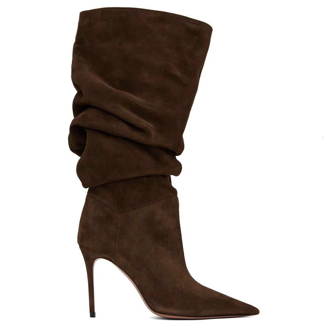 2025Womens Autumn and Winter Pleated High-heeled Short Boots with Pointed Sleeves Womens 35-47 Large Mid Length Boots 251216 - view 3