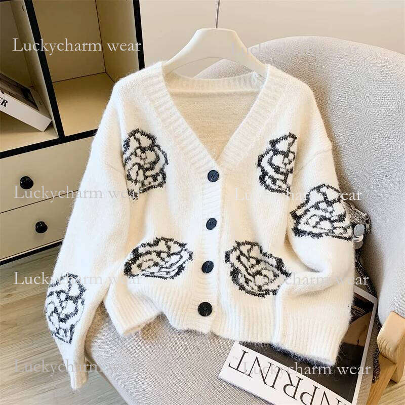 Women's White V-Neck Jacquard Cardigan Luxury Vintage 2000S Y2k Jumper Top Knitwear Long Sleeves Cashmere Sweater Autumn