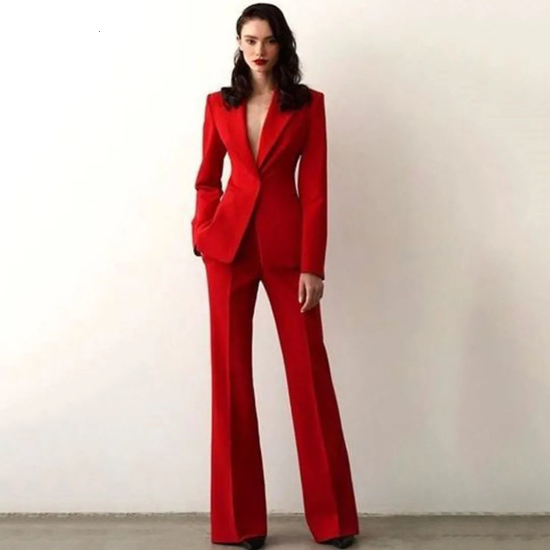 Women Suit 2 Pieces Red Single Button Solid Slim For Wedding Business Work Office Daily Commute Casual Set Blazer And Pants 251215