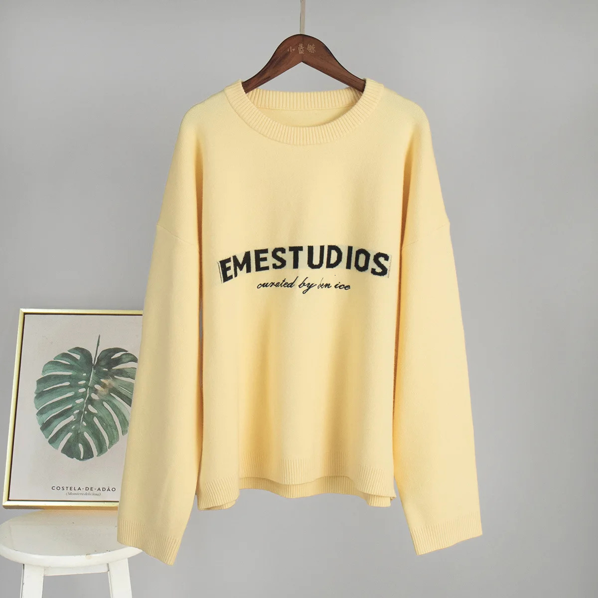 Butter Yellow Letters Knitted Sweater For Women Casual O-Neck Long Sleeve Pullover Tops Winter Daily Street Loose Sweaters 251219