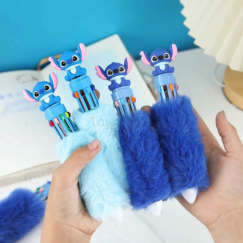Disney 6/36pcs Stitch Plush Ten Color Press Ballpoint Pen DIY Colorful Hand Pen Student Key Marker Pen Gift Wholesale H251220