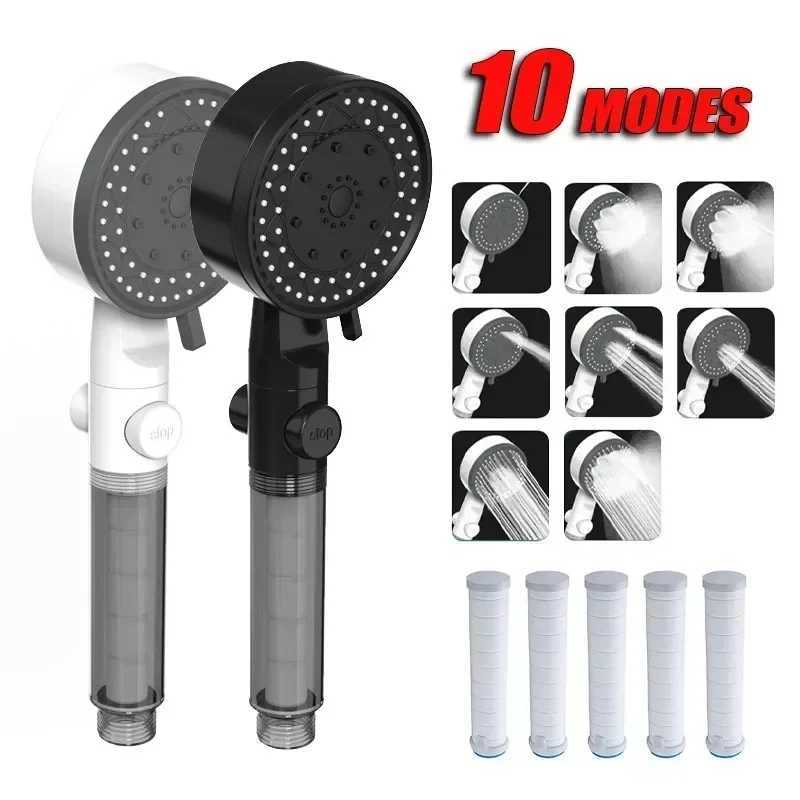 10 Modes High-Pressure Filtered Shower Head One Key Stop Water Bathroom Handheld Showerhead Portable Shower Nozzle Accessories C251220