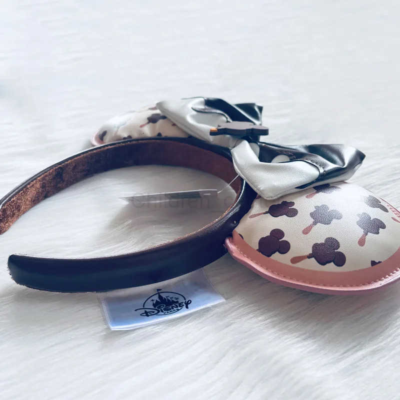 Disney Co Branded Styles Ice Cream Mickey Headband Adults/Child Disneyland PU Leather Brown Bow Ear Women Christmas Gifts H251220