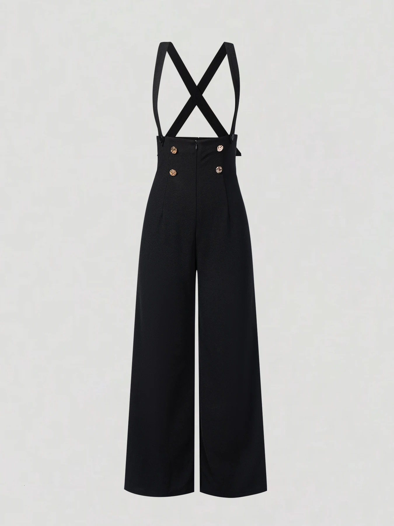 Autumn Winter Women Suspender Trousers Wide Leg Jumpsuit Gold Double Breasted Retro Slim Fit Daily Leisure Fashion 251219