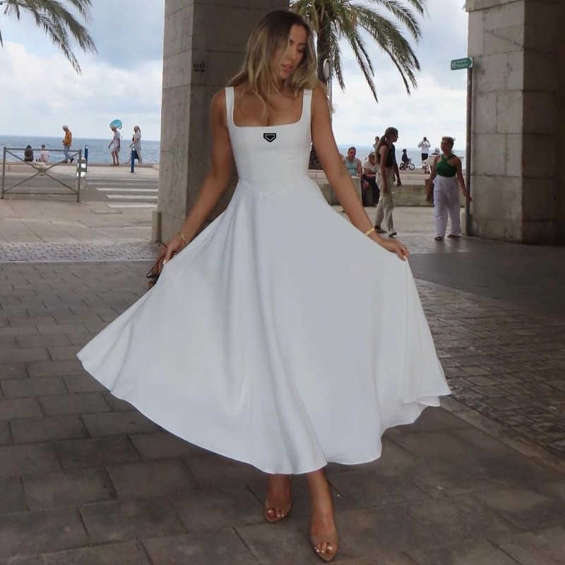 Basic & Casual Dresses Designer Brand Women's Fashion Elegant Solid Color Square Neck Sleeveless Waist-cinching Strap Dress