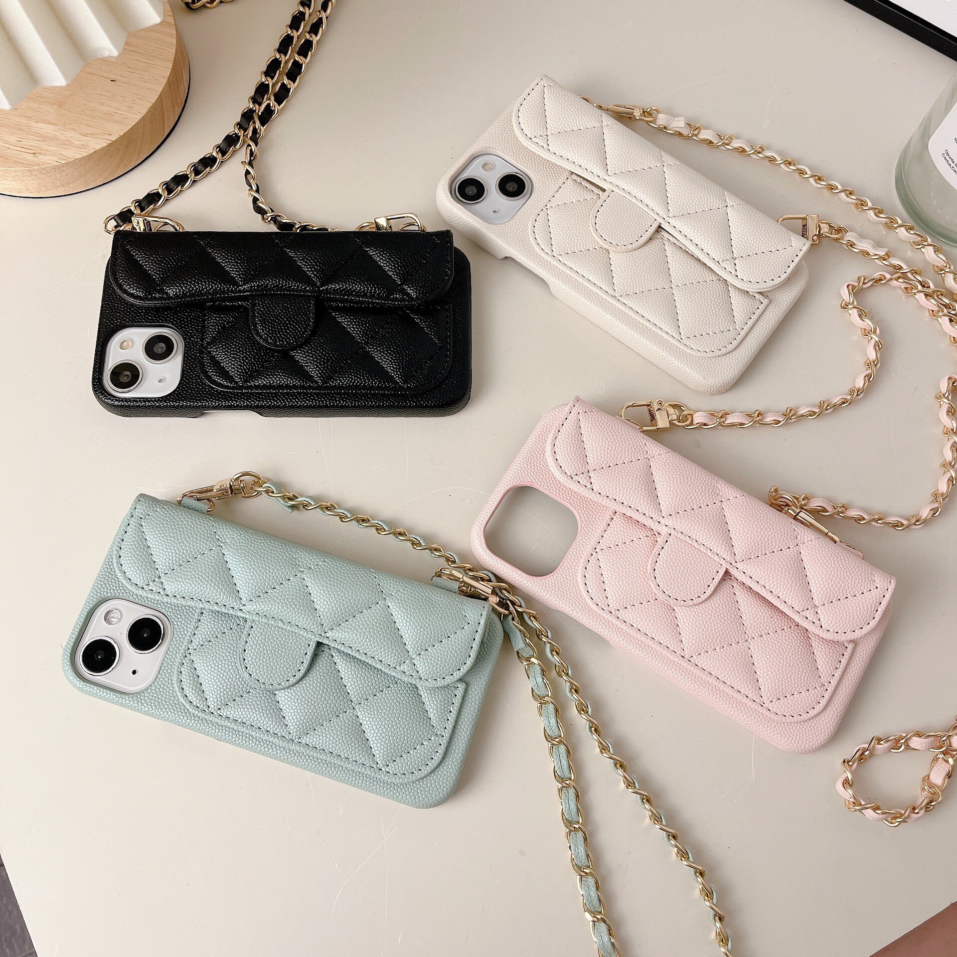 iPhone 17 Pro Max Chanel Style Card Holder Apple 16 Lychee Pattern 15 Leather Quilted 14 Phone Case Hard Export