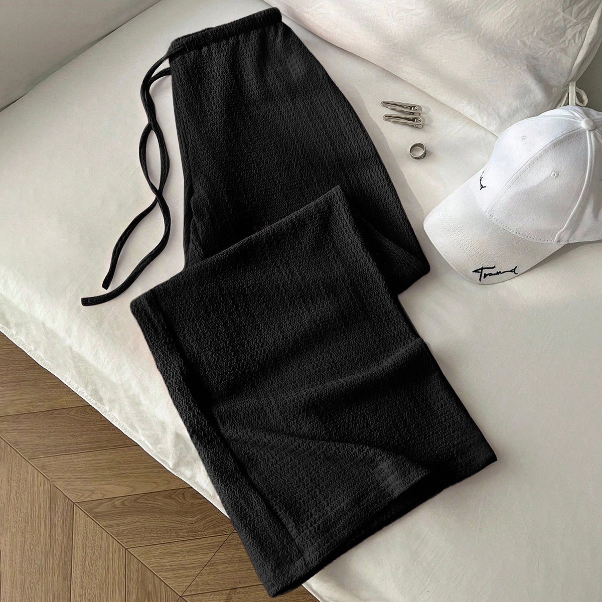 Women's Versatile Casual Straight Leg Trousers - Polyester Ruched Texture Daily Commute Pants ---119