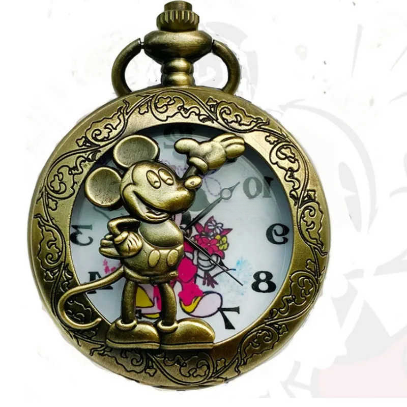 Disney custom Mickey Mouse Pocket Watch Vintage Cartoon Roman Number Quartz Watches with Chain Pendant Necklace Men Women Clock Chains W20250625