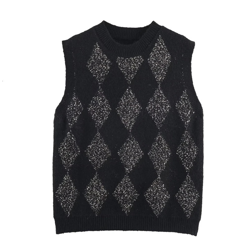 Glittery Argyle Sleeveless Sweater Vest for Women Sparkle Diamond Pattern Knitted Tank Vintage Preppy Layering Piece 251219