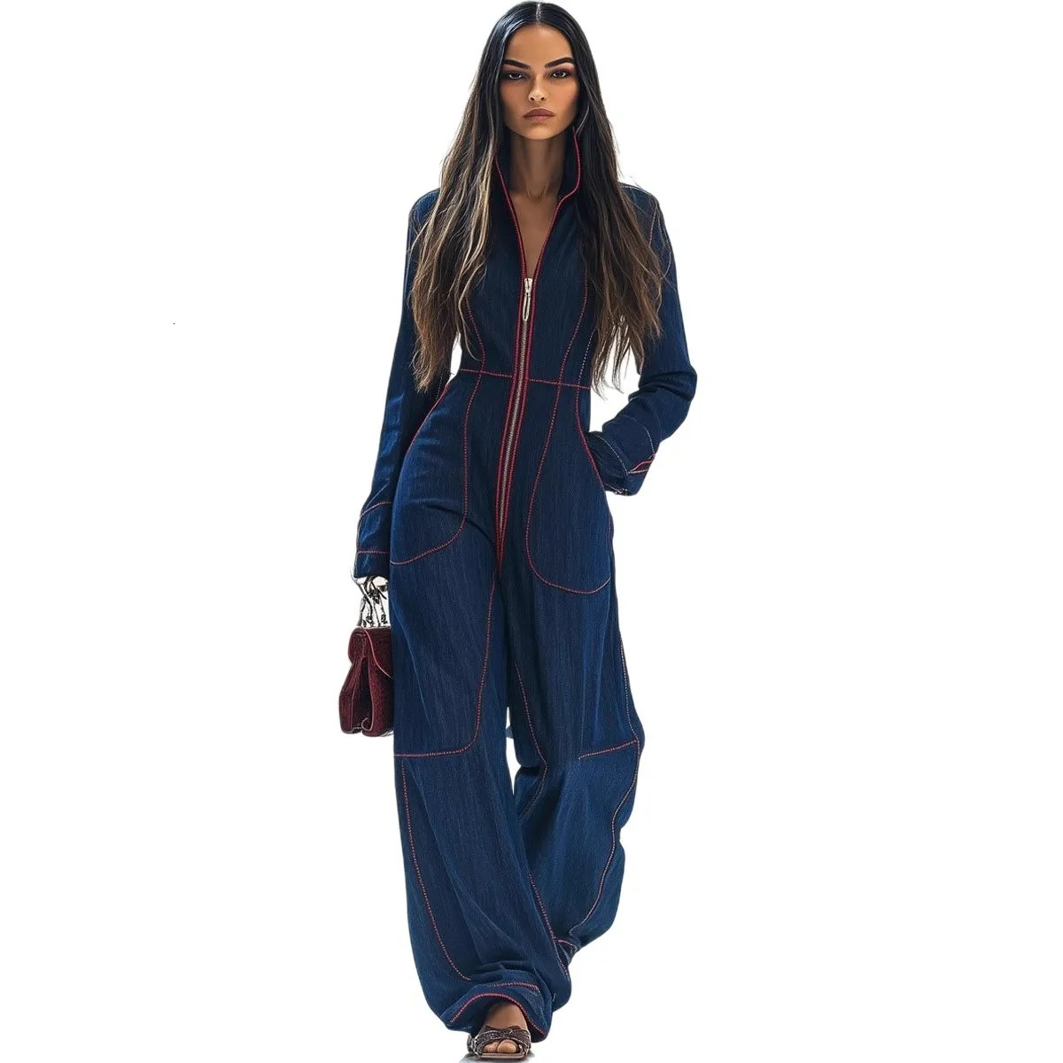 2025 Autumn Zippered Stand Collar Long Sleeve Womens Office Commuting Loose Jumpsuit Completo Mujer Enterisos Elegantes De 251219