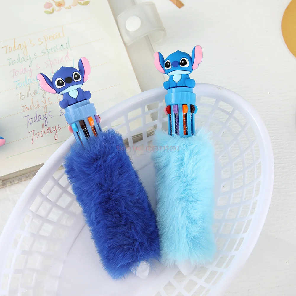 Disney 6/36pcs Stitch Plush Ten Color Press Ballpoint Pen DIY Colorful Hand Pen Student Key Marker Pen Gift Wholesale H251220