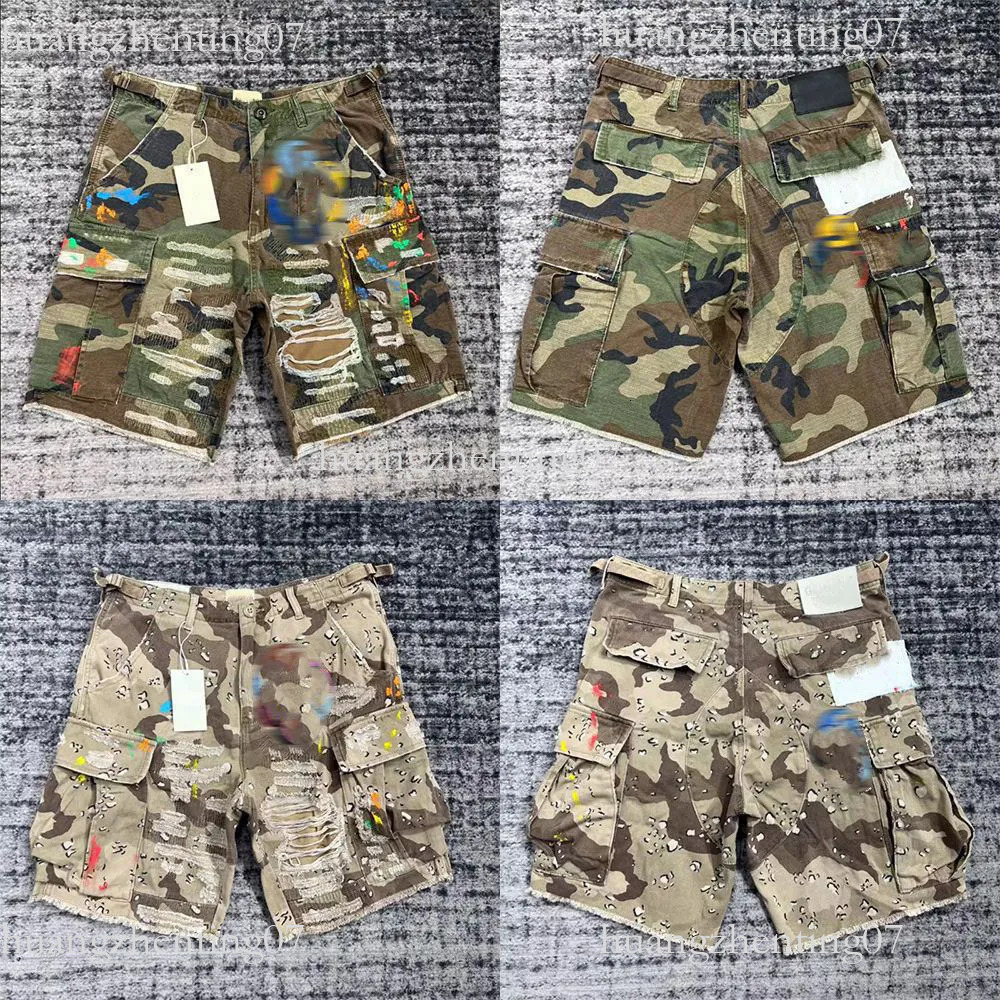 Designer Mens Camouflage Patchwork Leather Letter High Street Vintage Hip Hop Worn Work Denim Shorts Men2026