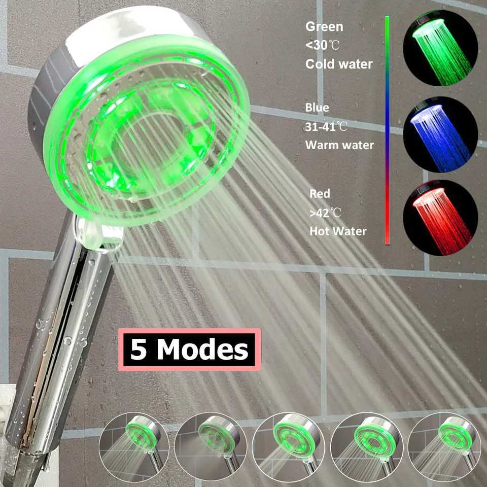 5 Modes Temperature Control Colorful Shower Head 3/7 Color Change LED Spray Nozzle Silver High Pressure Rainfall Bathroom Shower C251220