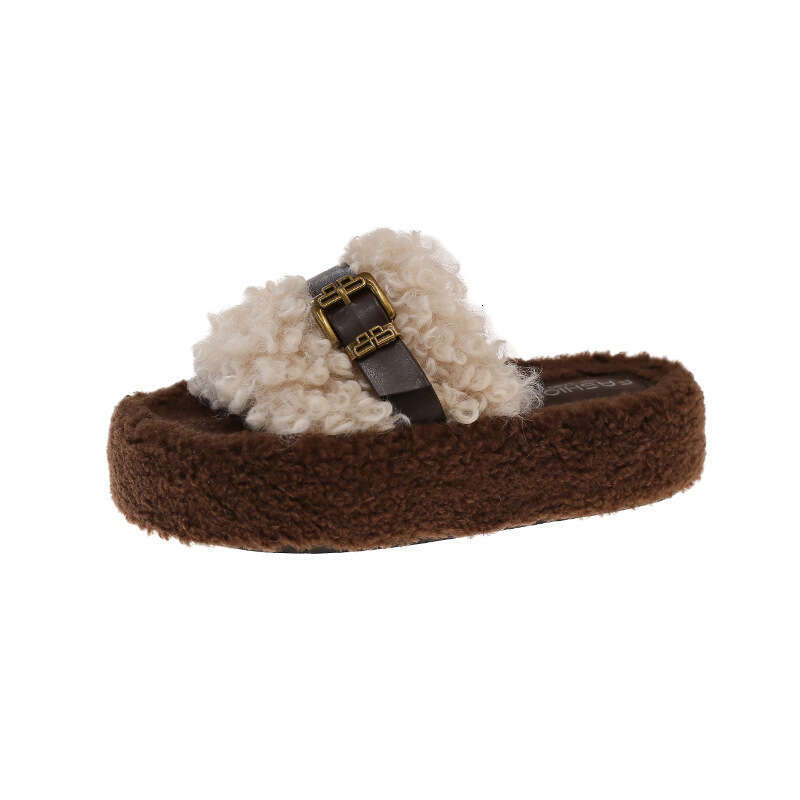 Belt Buckle Thick Sole Lamb Wool for Women, Outdoor Wear, 2025 New Style, High-End Feel, Warm, One-Word Home Cotton Slippers