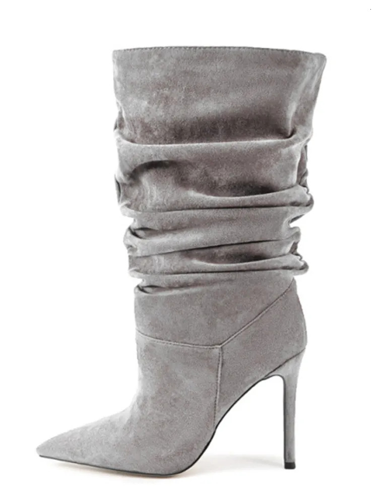 2025Womens Autumn and Winter Pleated High-heeled Short Boots with Pointed Sleeves Womens 35-47 Large Mid Length Boots 251216 - view 6