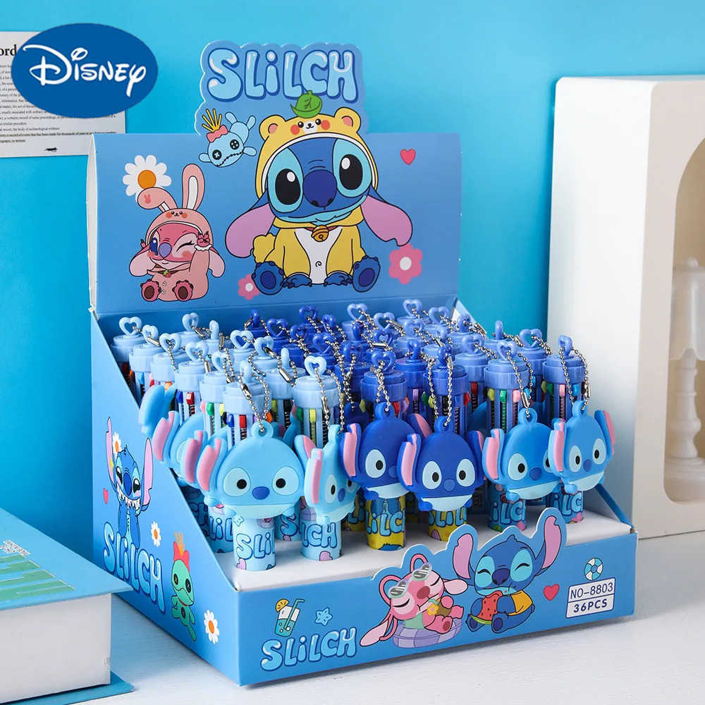Disney 6/36pcs Stitch 10 Color Press Ballpoint Pen With Mirror Pendant Cute Multi Color Student Writing Pen Stationery Gift H2512201