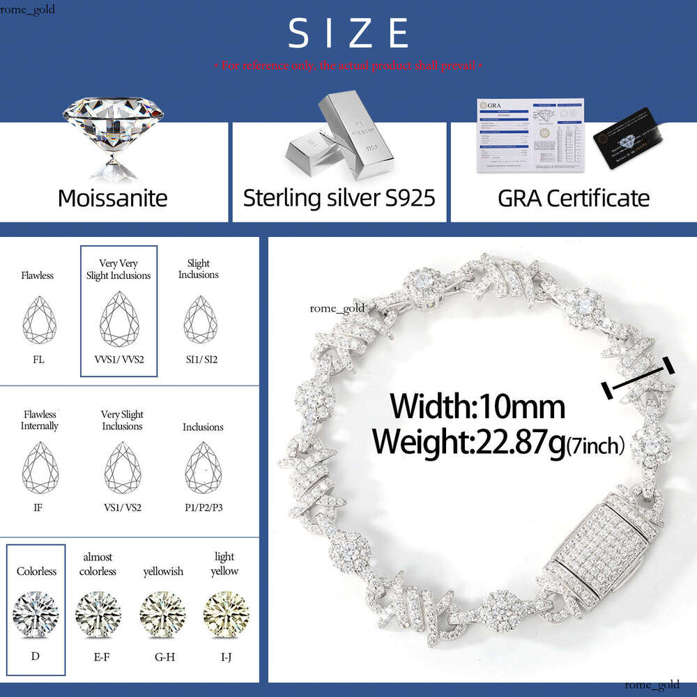 Fashion Unisex Jewelry 10mm 925 Sterling Silver VVS Diaspore VVS Moissanite Iced Thorn Flower Halo Chain Bracelet