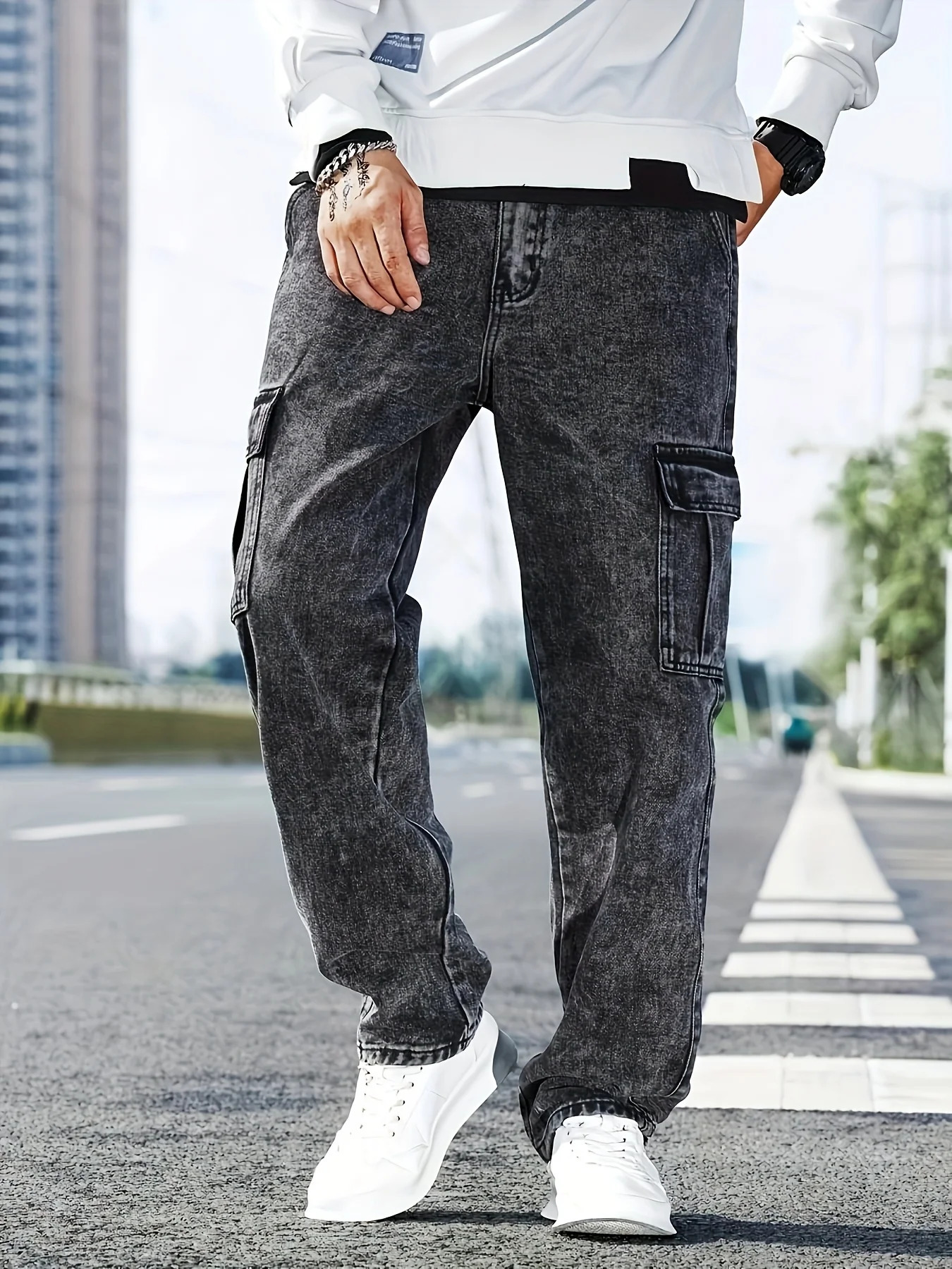 Fashionable mens denim trousers washed workwear y251205