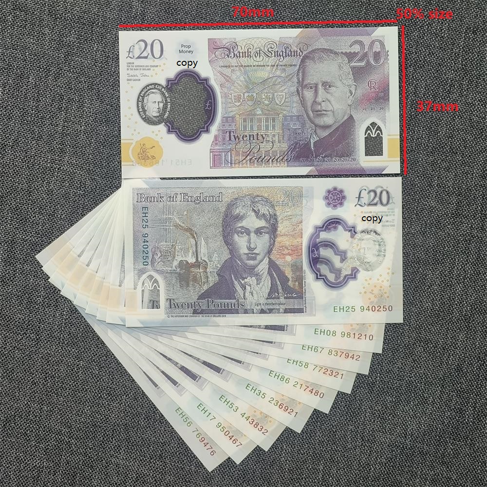 5A+ Clear Matte Polymer Realistic British Pound Prop Money 20 GBP Play Money for Birthday Parties Graduations Thanksgivings With Different Serial Numbers 70*37mm 50%