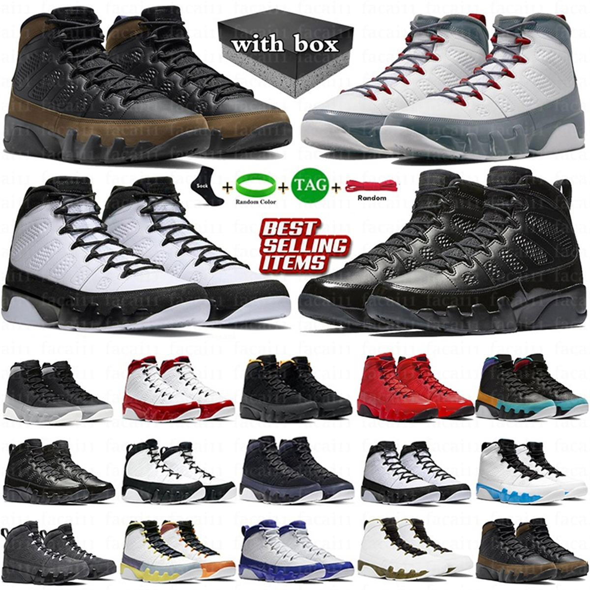 With Box 9 9s Basketball Shoes Olive Concord Countdown Pack Fire Red Chile University Blue Gold Cool Grey Mens Outdoor Sports Sneakers Trainer size US 7-13