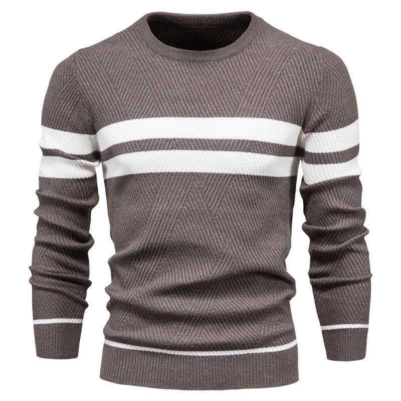 WOZK autumn and winter men's casual striped men's sweater pullover color blocked round neck men's European size knitted sweater top