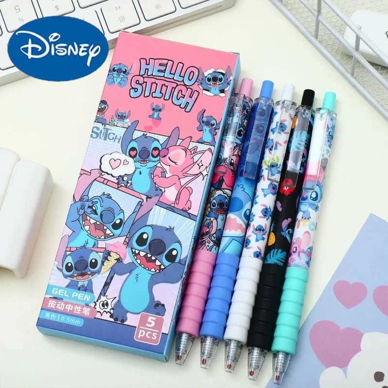Disney Stitch Kawaii Press Gel Pens for Writing Cartoon 05mm Black Ink Neutral Pen Office School Supplies Gift for Kid 5Pcs/box H251220
