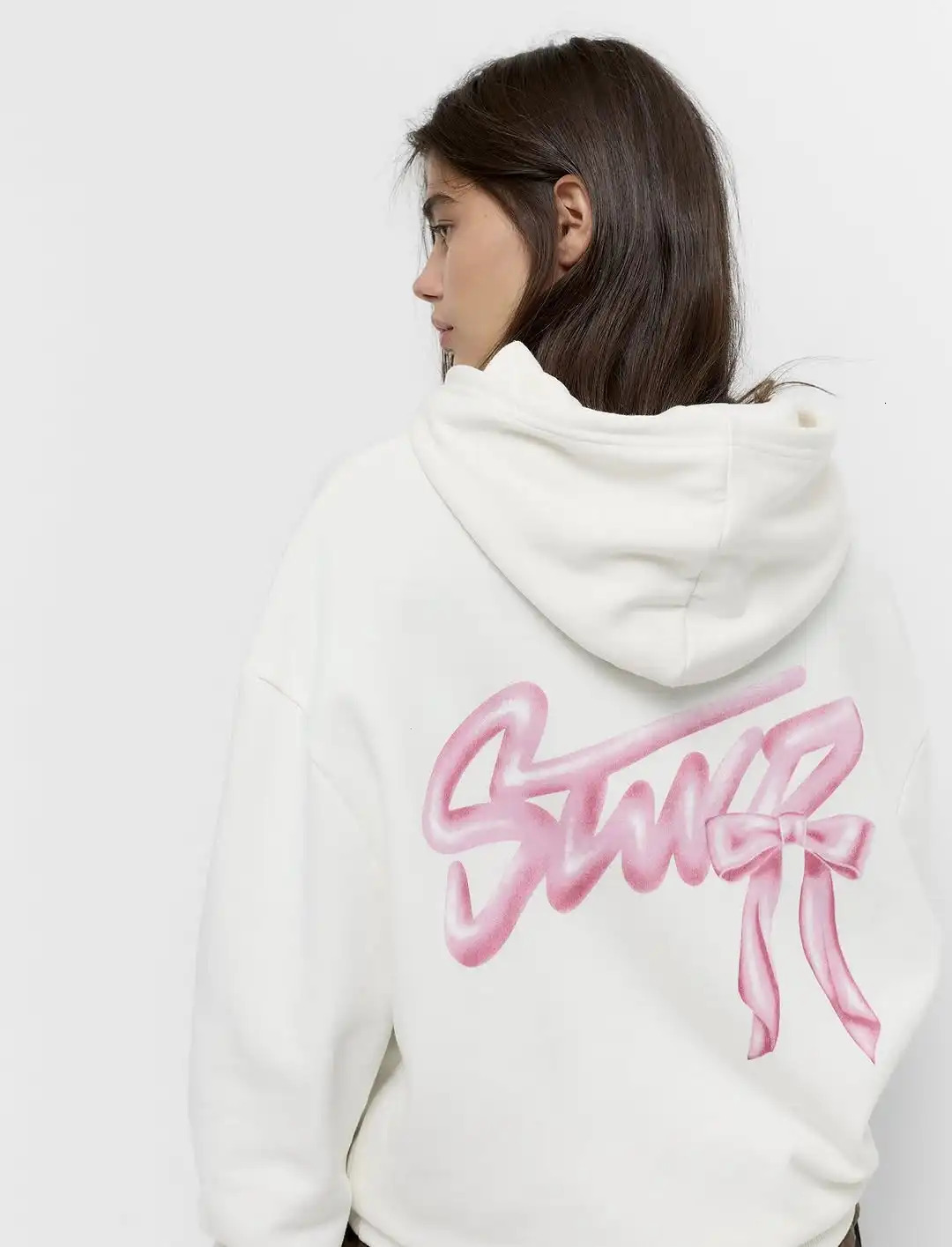 Pink Bow Hoodie Women White Sweatshirt Gradient Letter Print Back n Casual Pullover Streetwear Y2K Aesthetic Spring Top 251219