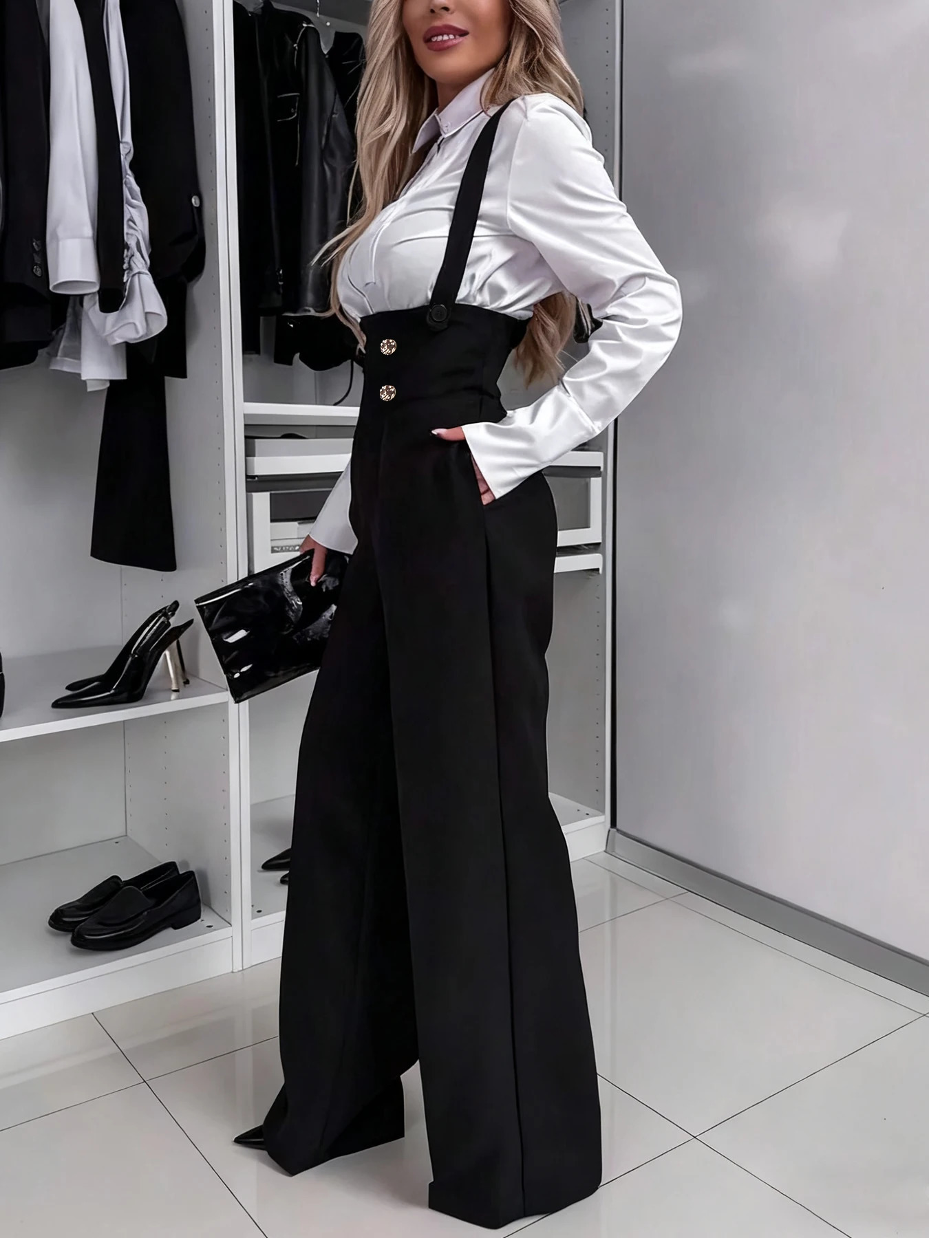 Autumn Winter Women Suspender Trousers Wide Leg Jumpsuit Gold Double Breasted Retro Slim Fit Daily Leisure Fashion 251219
